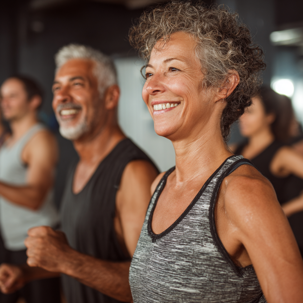 Middle-aged adults participating in group fitness session