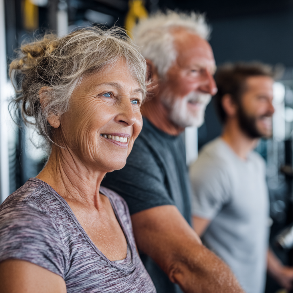 Senior adults exercising with personal trainer in modern fitness facility